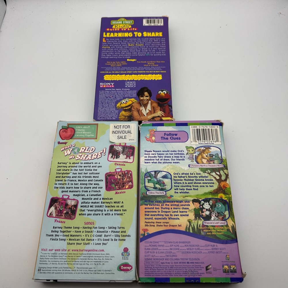 Kids VHS Lot Sesame Street Barney Dragon Tales Learning To Share 3 Tape Bundle - Picture 5 of 8